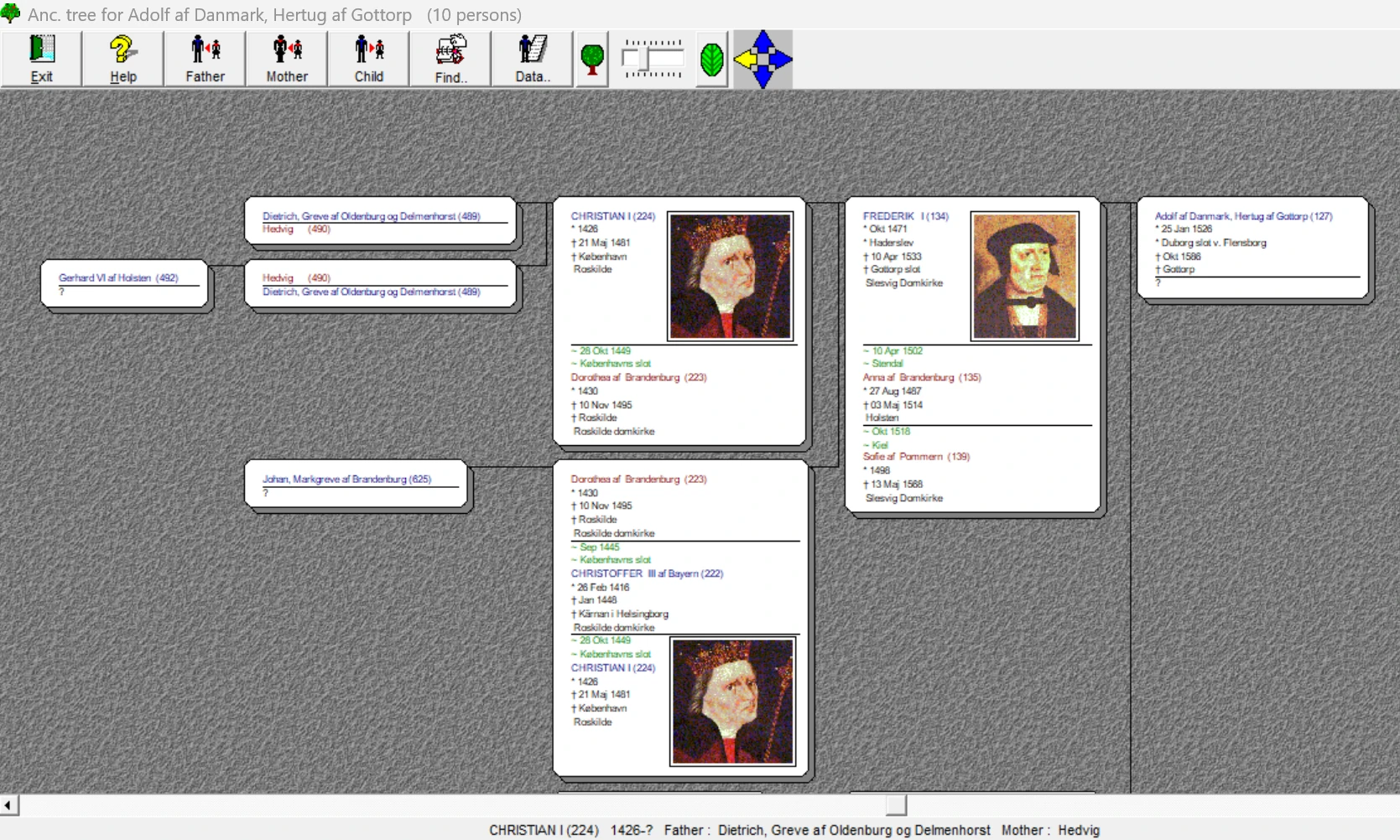 WinFamily ancestor tree with portraits and life dates for each person