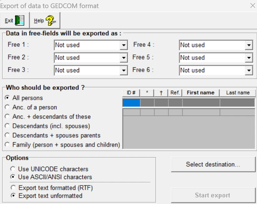 GEDCOM export window with choices for which persons to export