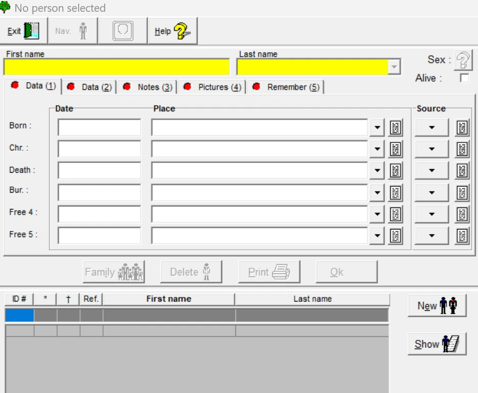 Window for registering a person with fields for dates, places and sources
