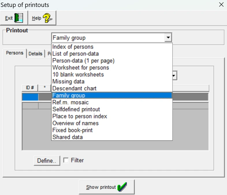Printout setup with a list of available printout types